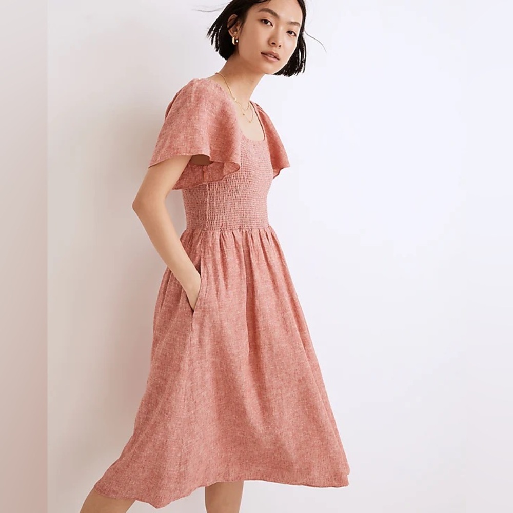 Madewell Linen Blend Lucie Smocked Midi Dress (Fresh Chili)